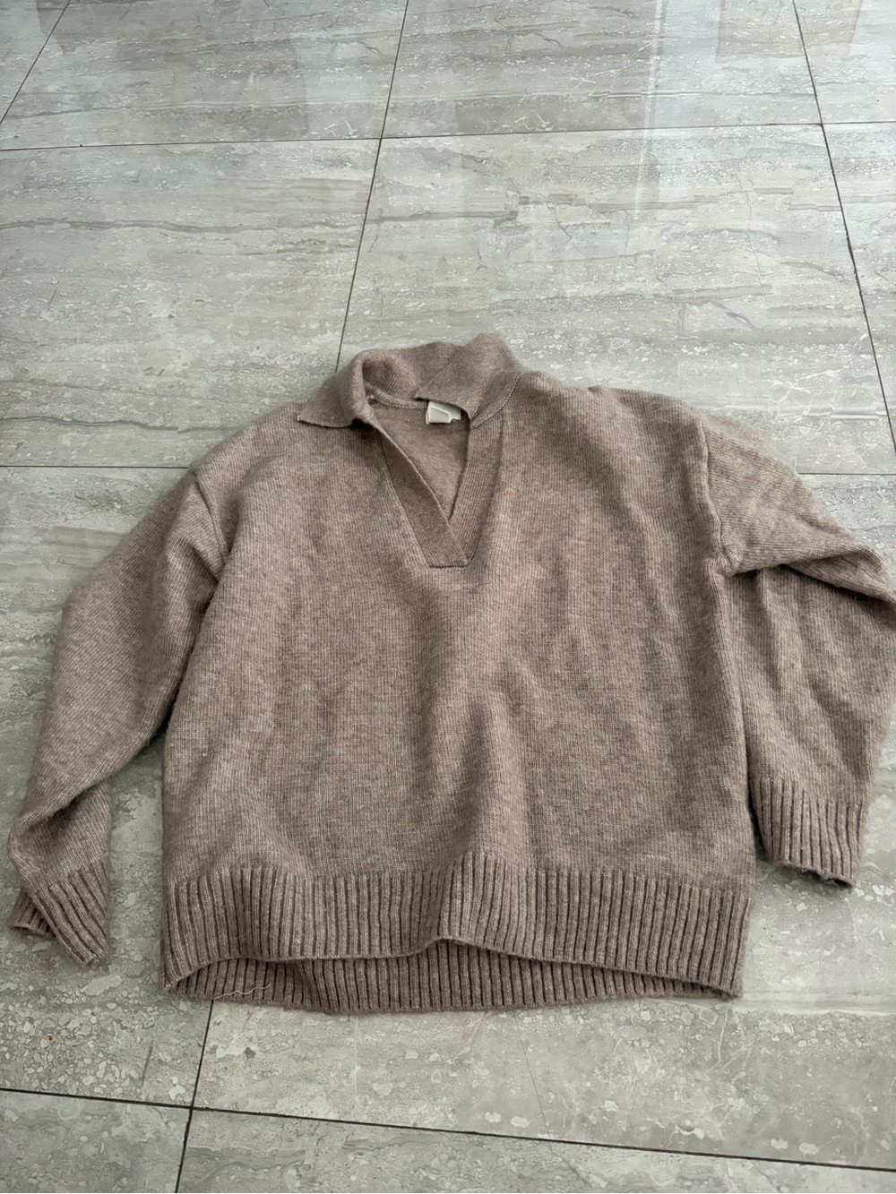 H&M Men's Taupe V-Neck Polo Collar Sweater